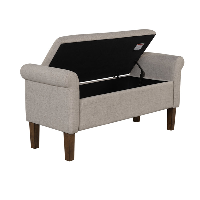 Cream Upholstered Storage Bench with Rolled Armrests