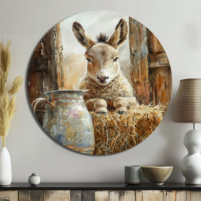Donkey Portrait At The Barn I - Modern Gray Metal Art Print, Donkey Round Metal Wall Art