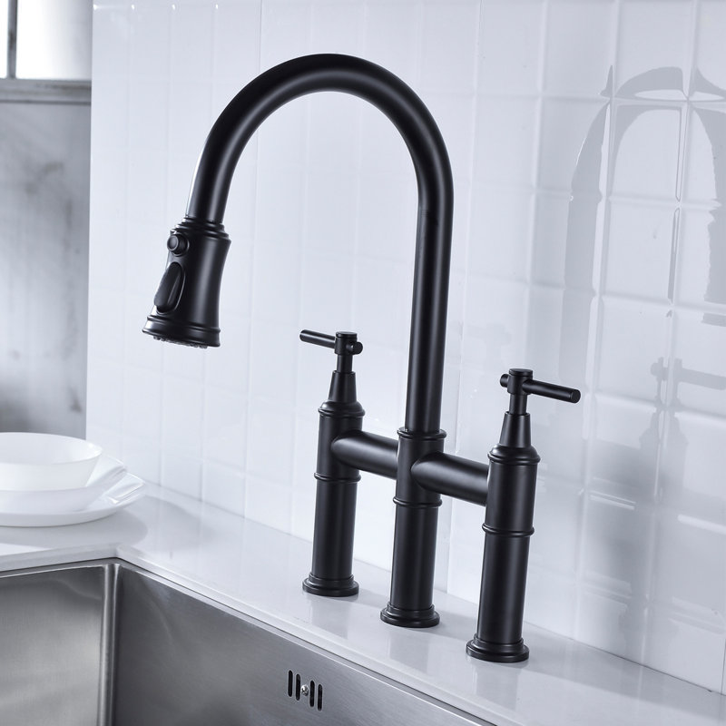 Robinet de cuisine Bridge avec douchette extractible encastrée, Noir mat