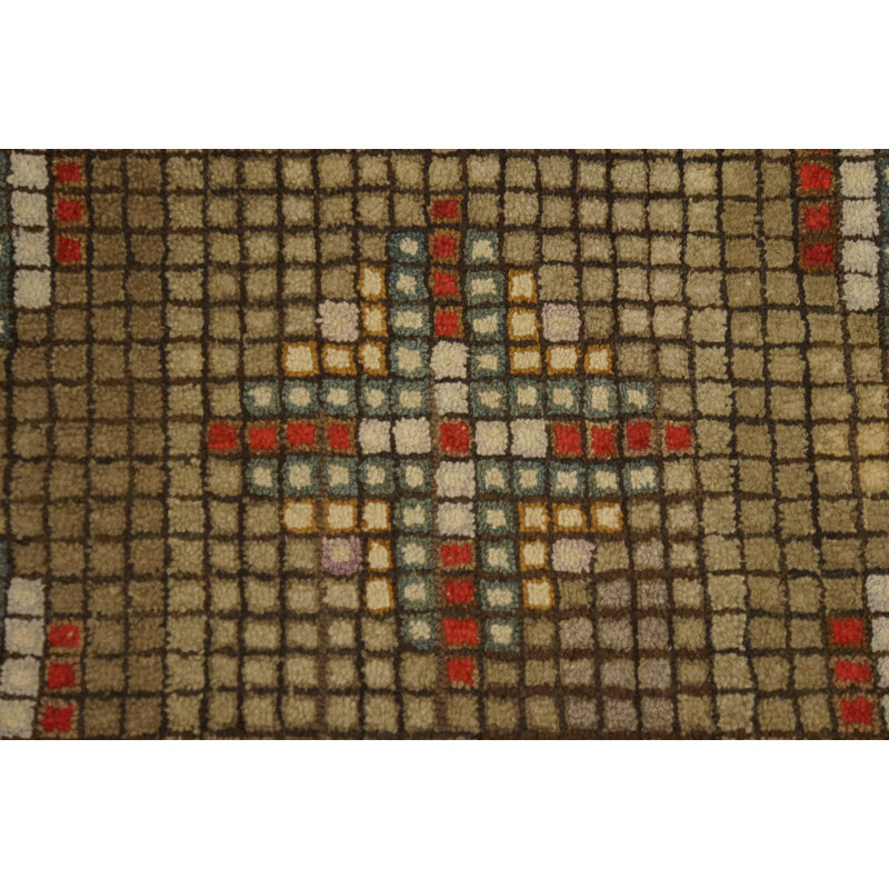 Antique American Tiled Squares Cross Pattern Hooked Rug