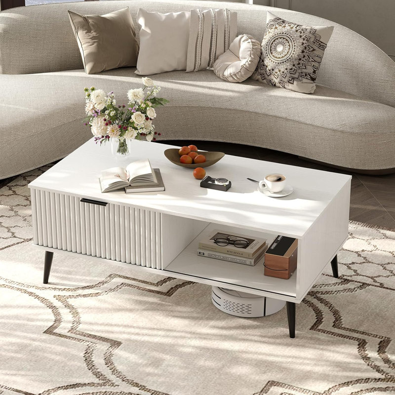 Coffee Table with Storage, 2 Tier Wooden Coffee Table with Sliding Door, Solid Wood Legs