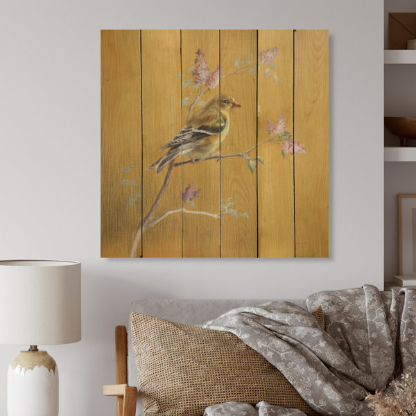 Winston Porter Gold Bird On Blossoms III On Wood Painting | Wayfair