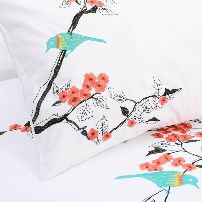 Ensemble de housse de couette 100% coton brodé cerisier 3 pièces, Housse de couette pour grand lit et 2 taies décor, Corail