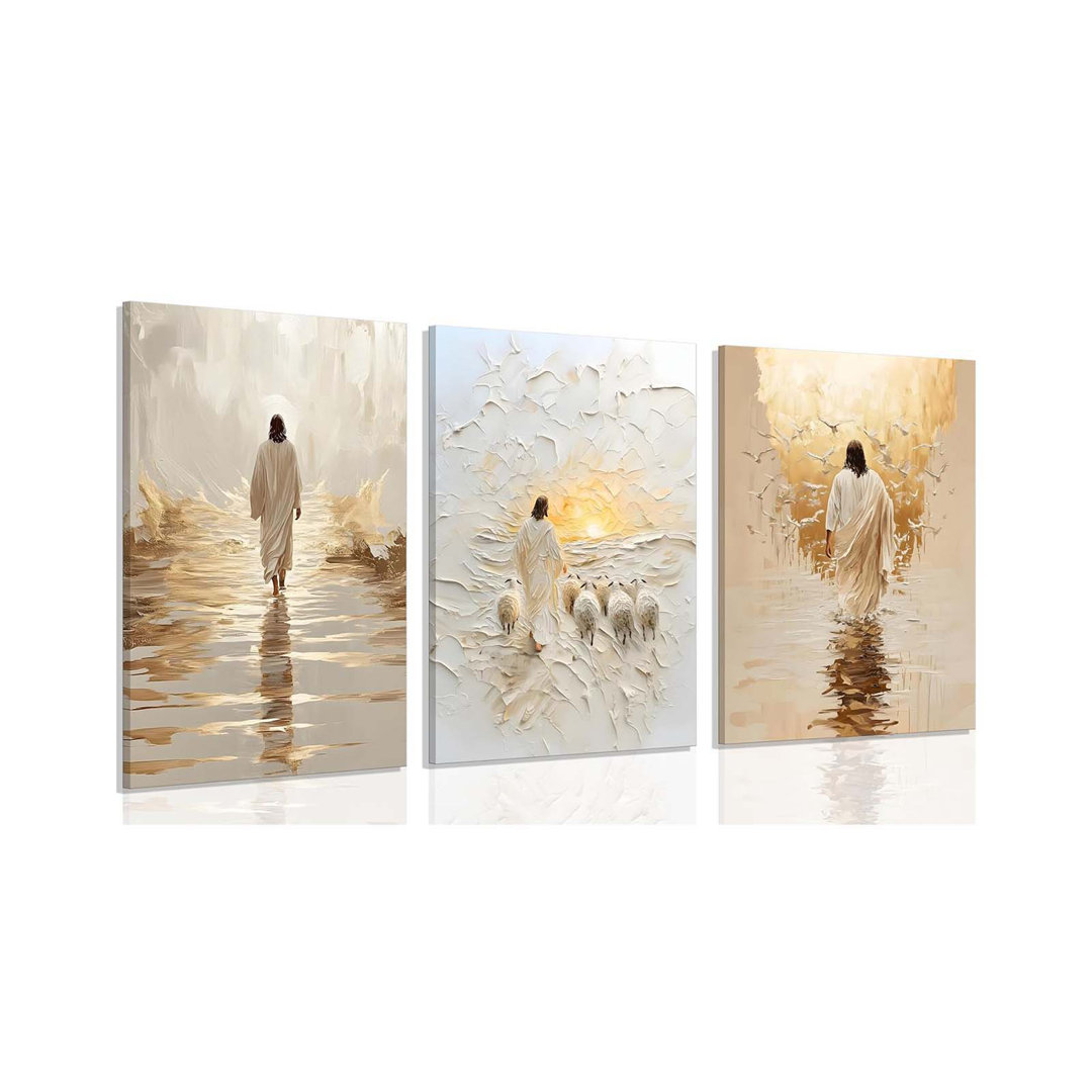 3Pcs Framed Jesus Walking On Water Pictures Wall Art Jesus And Lamb Dove Canvas Prints Decorative Paintings For Living Room Bedroom Church Home Decor