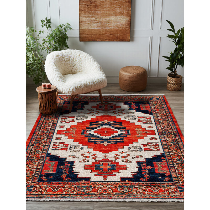 Otasna Collection Digital Print Cotton-Polyester Red Moroccan Rug, Tapis de couloir 5 pi 3 po x 14 pi 10 po