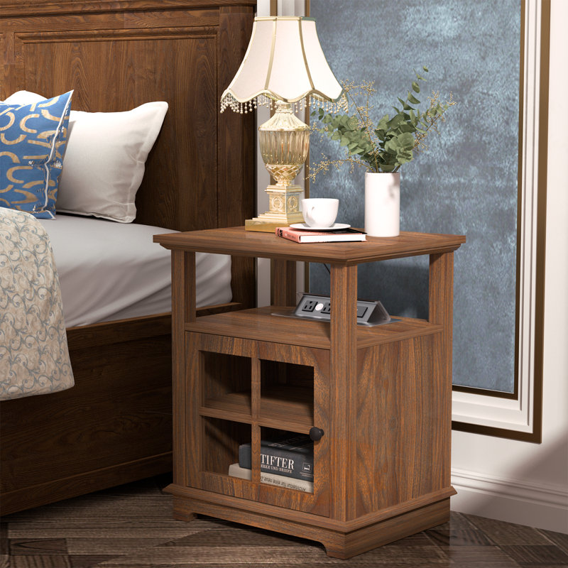 Cherelyn 24" Tall End Table with Storage and Built-In Outlets for Living Room, Nightstand for Bedroom, Office, Walnut, Walnut