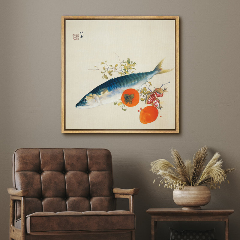 Œuvre japonaise, persimmon, art japonais, H 16 po x l 16 po x P 1,5 po, Cadre flottant naturel