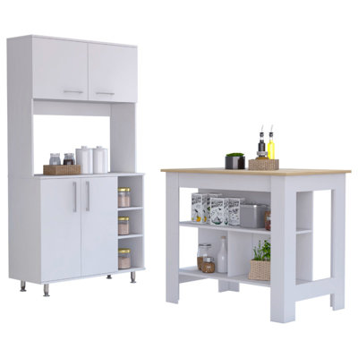 7-Shelf 4-Door 2-Piece Kitchen Set, Kitchen Island And Pantry Cabinet