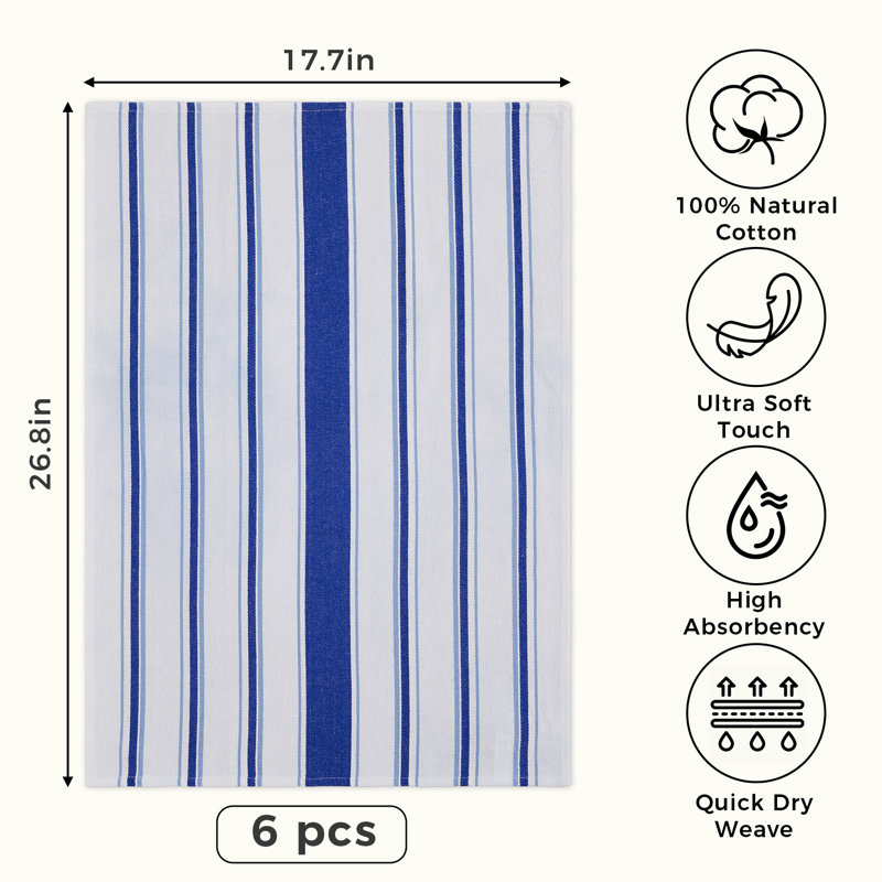Striped Cotton Kitchen Towels, 6-Pack, 17.7 x 26.8 in Absorbent Dish Towels, Reusable Quick-Drying Cleaning Towels, Blue