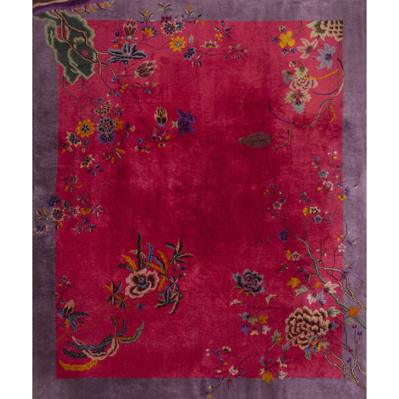 Wool Floral 1920s Antique Rectangle Hand Knotted Pile Purple / Lavender Mauve Rug