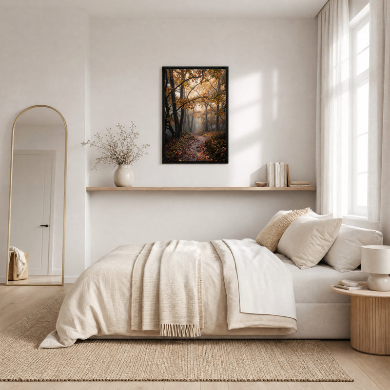 Chemin forestier d'automne sous la lumière dorée - Tableau sur toile, H 18 po x l 12 po