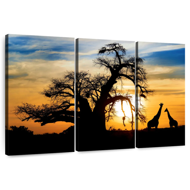 Coucher de soleil africain girafes, H 28 po x l 45 po