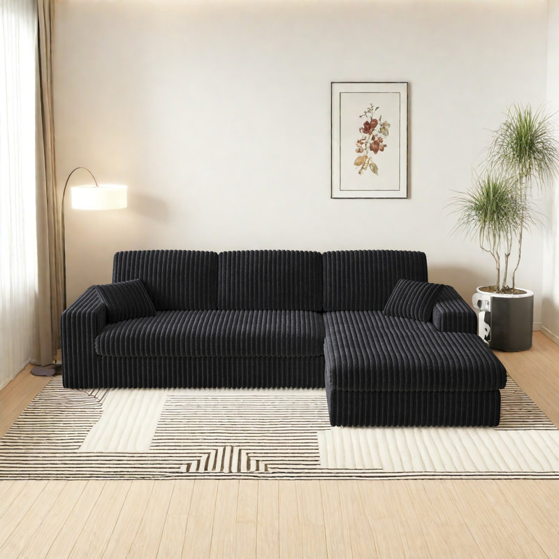 114.5'Modern Corduroy Modular Foam Sofa, Recliner Seat Reversible Sofa, 2-In-1 Sofa With Recliner And L-Shaped Sofa Combination With Three Cushion Neck Pillow Combination And Two Throw Pillows