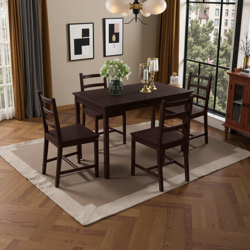 Ensemble de salle à manger 5 pièces en bois massif - Table rustique en pin avec 4 chaises à haut dossier, Noyer