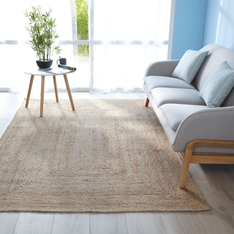 Tapis beige rectangulaire tissé à la machine de couleur unie en jute tissé à la machine, Rectangle 3 pi 11 po x 5 pi 11 po