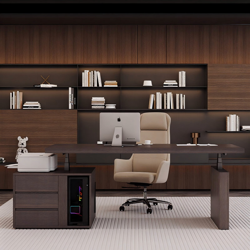 Bureau réglable 86,61 po style italien de luxe en bois fumé, H 52,76 po x l 88,61 po x P 33,46 po