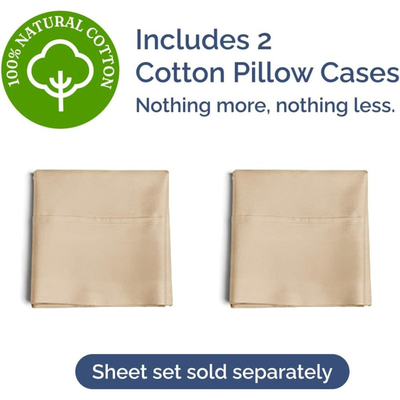 100% Cotton Pillowcase Set, 400 Thread Count Hotel Luxury Pillowcases, Soft & Breathable, Set of 2, Cream, King