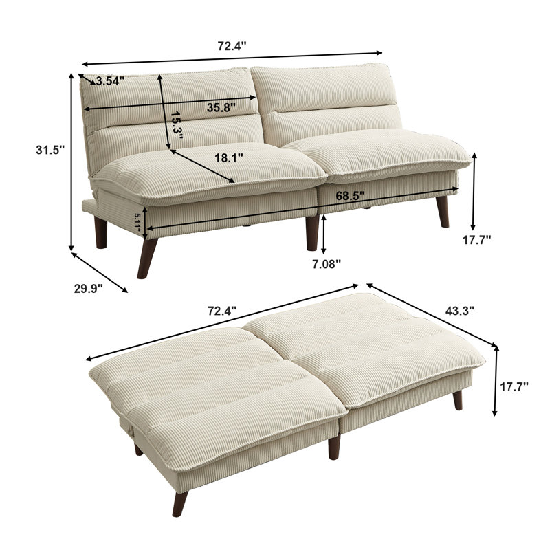 72.4" Cordury Soft Armless Futon Sofa Bed, Beige Corduroy