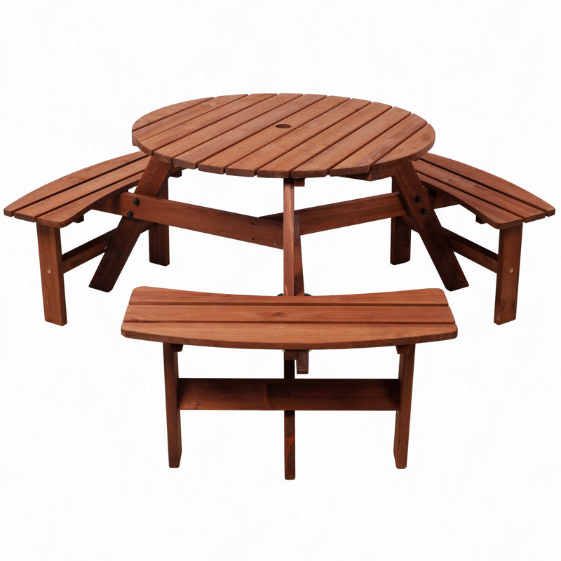 Wooden Picnic Table With 3 Built-In Benches,6 Person Kids Picnic Table, With Umbrella Hole,Camping Dining Table For Garden Patio Backyard
