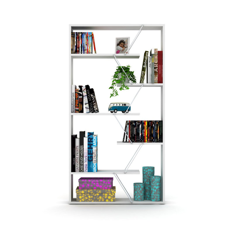 Bibliothèque industrielle à dos ouvert avec 6 tablettes en bois pour bureau et salon, Blanc