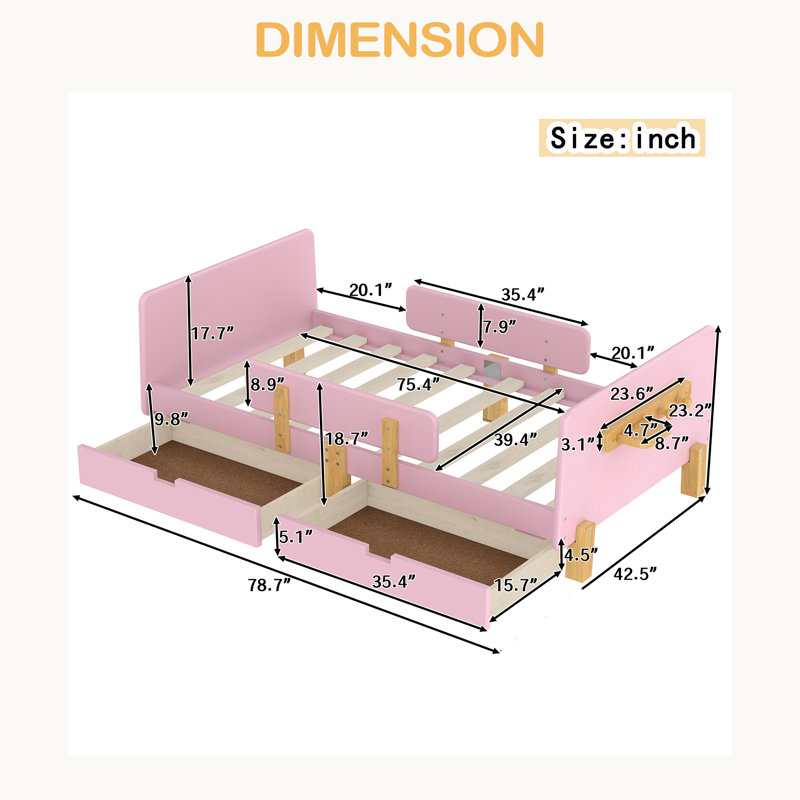 Lit plateforme avec tiroirs de rangement, structure de lit en bois massif avec garde-corps, petite tablette et crochets, aucun sommier nécessaire