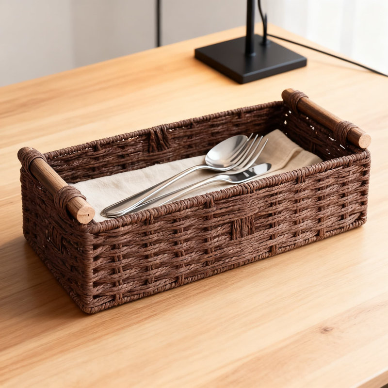 Handwoven Paper Rope Storage Basket With Wooden Handle, Decorative Wicker Organizer For Bathroom Countertop, Toilet Tank, Cosmetics & Toilet Paper
