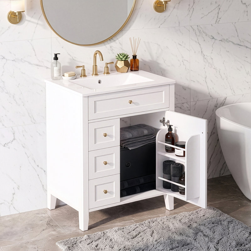 Base de meuble-lavabo autoportant de 24 pouces avec lavabo et rangement en céramique, Blanc