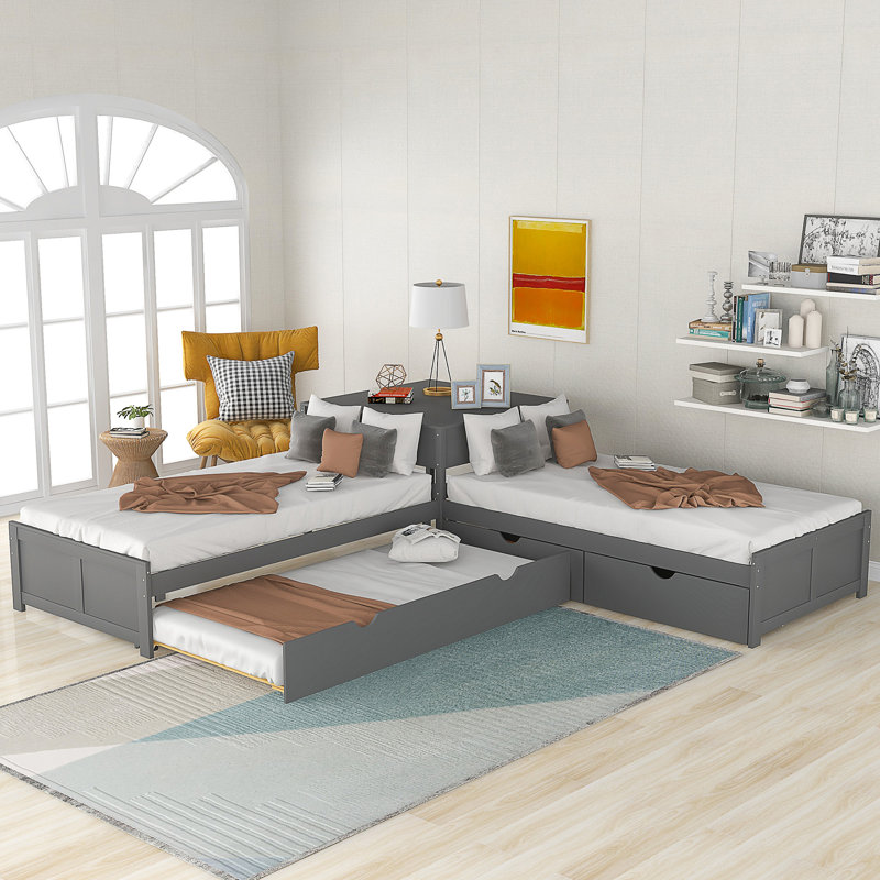 L-shaped Platform Bed with Trundle and Drawers Linked with built-in Desk, Gray