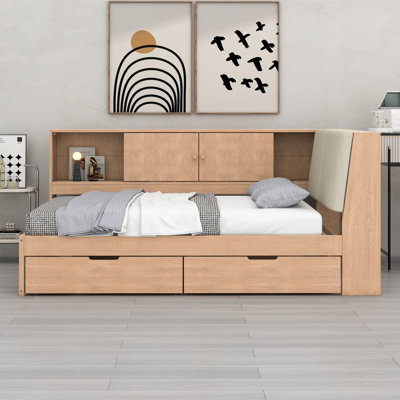 Wooden L-Shaped Daybed Corner Bed Under-Bed Drawers With Storage Bookcase And Upholstered Headboard And USB Charging Ports