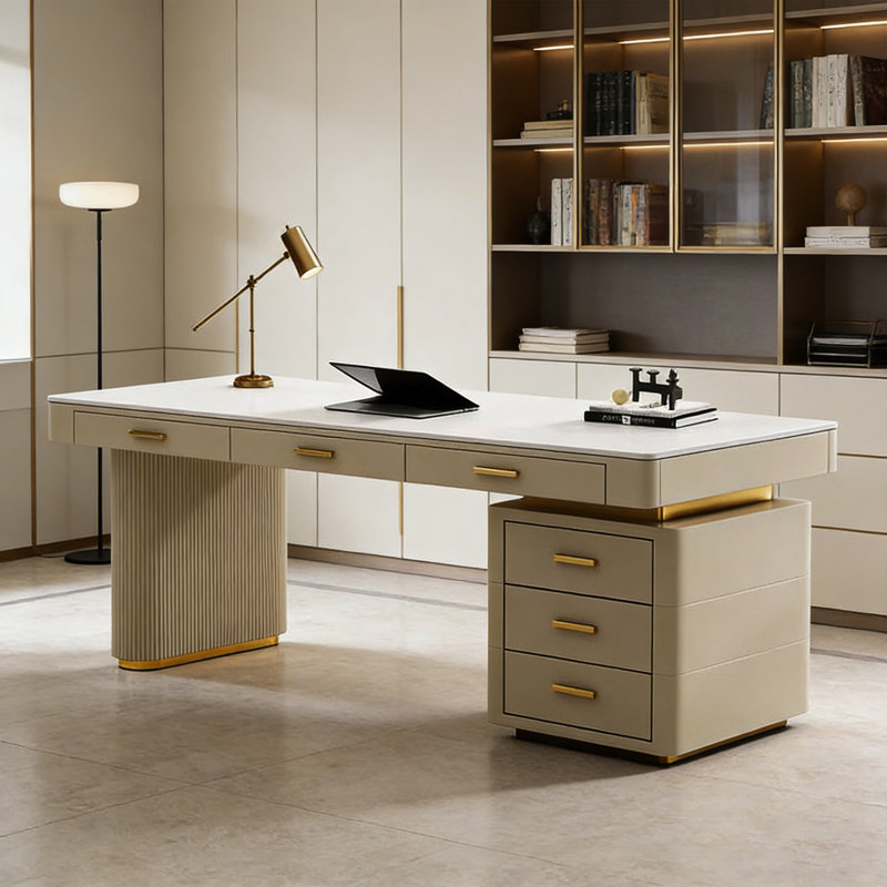 Bureau minimaliste moderne crème, H 29,53 po x l 70,87 po x P 27,56 po