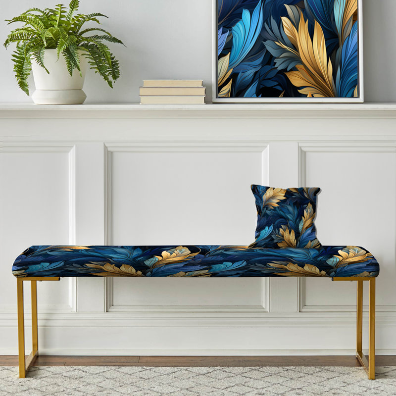 Chevron Upholstered Gold Bench, Sapphire Blue Dove Feathers