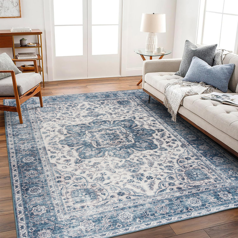 Lefkothea Joy Vintage Machine Washable Area Rug, Rectangle 4' x 6', Blue Ivory