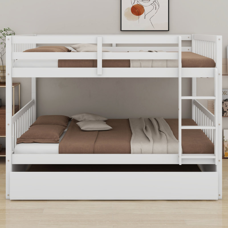 Lit superposé multifonctionnel en bois avec lit gigogne, échelle, garde-corps et conception convertible, Blanc