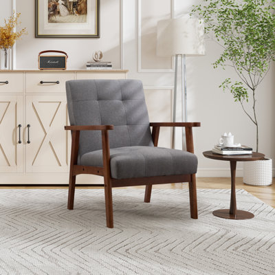 66cm wide Mid-Century Accent Chair With Wooden Armrests & Tufted Upholstered Seat