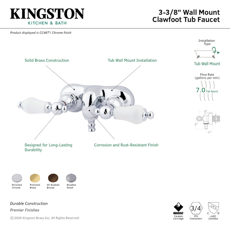Kingston Brass Vintage Two-Handle 2-Hole Tub Wall Mount Clawfoot Tub Faucet, Brushed Nickel