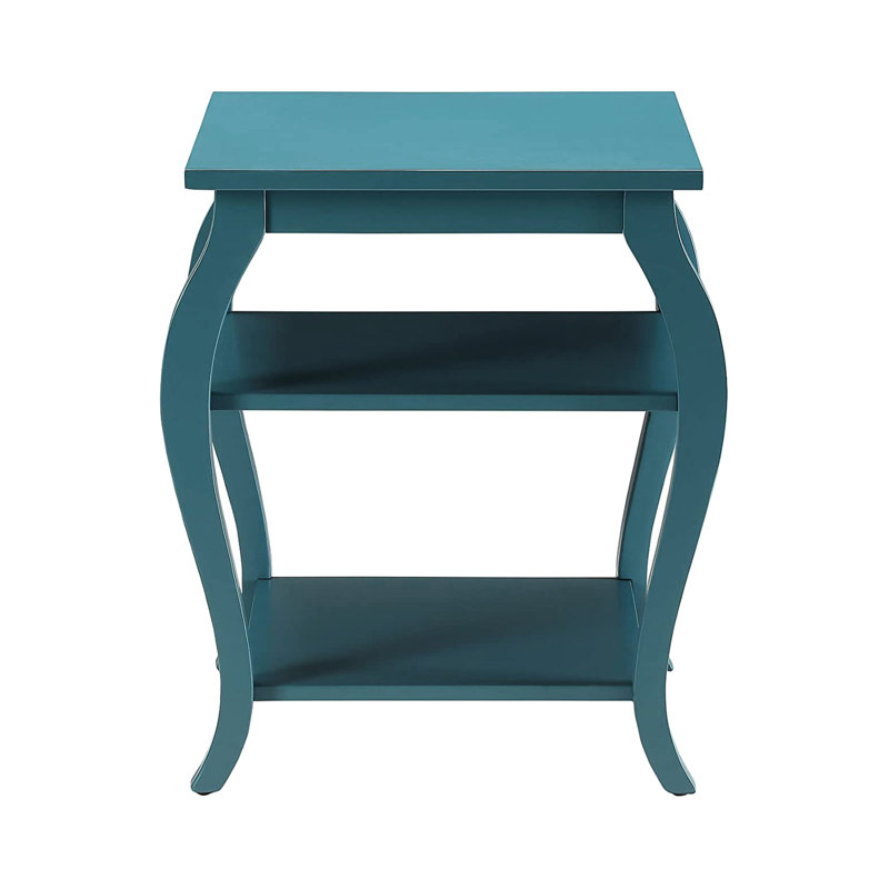 Table de bout carrée sarcelle avec 2 tablettes ouvertes, pieds en bois, finition en placage, produit de 17 lb avec fabrication, dimensions de 18 x 18 x 23 pouces