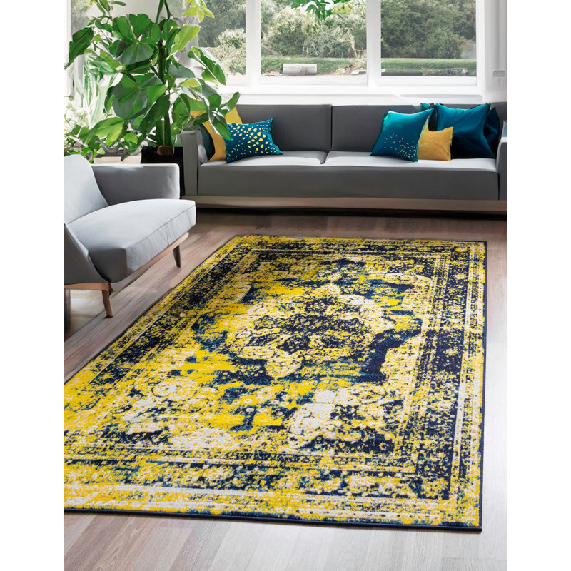 Ensemble de tapis Gourley, Oui, Marine/Jaune, Rectangle 6 pi 1 po x 9 pi