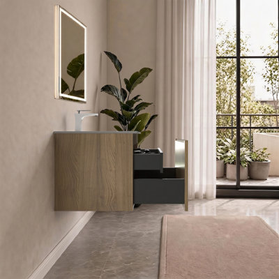 Meuble-lavabo mural simple de 76 cm (30 po) avec comptoir en résine blanche brillante, fini chêne jaune, design suspendu moderne pour petite salle de bain