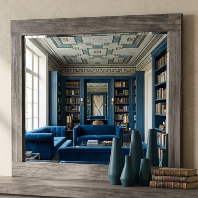 Miroir rectangulaire moderne encadré de bois, gris chaud vieilli de style malaisien, 107 cm (L) x 91 cm (H)