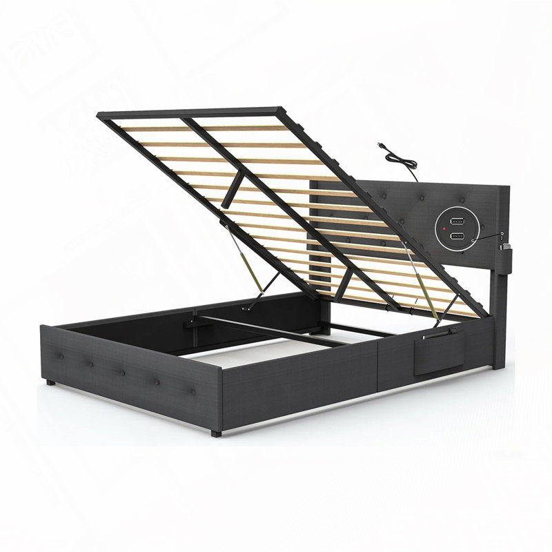 Lift Up Storage Bed with Modern Wingback Headboard, USB Ports, Queen, Dark Gray