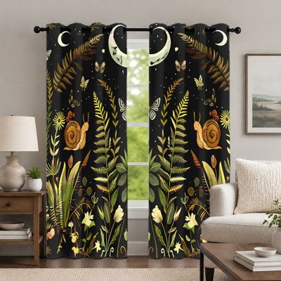 2Pcs Black Snail and Moon Curtains, Celestial Botanical Style Curtain, Whimsical Garden Theme Plant Leaf Printed Art Grommet Drapes, Window Treatment for Bedroom Living Room Decor