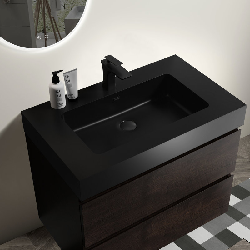 Bassin moderne en quartz noir mat avec trop-plein intégré pour la conception et les salles de bain