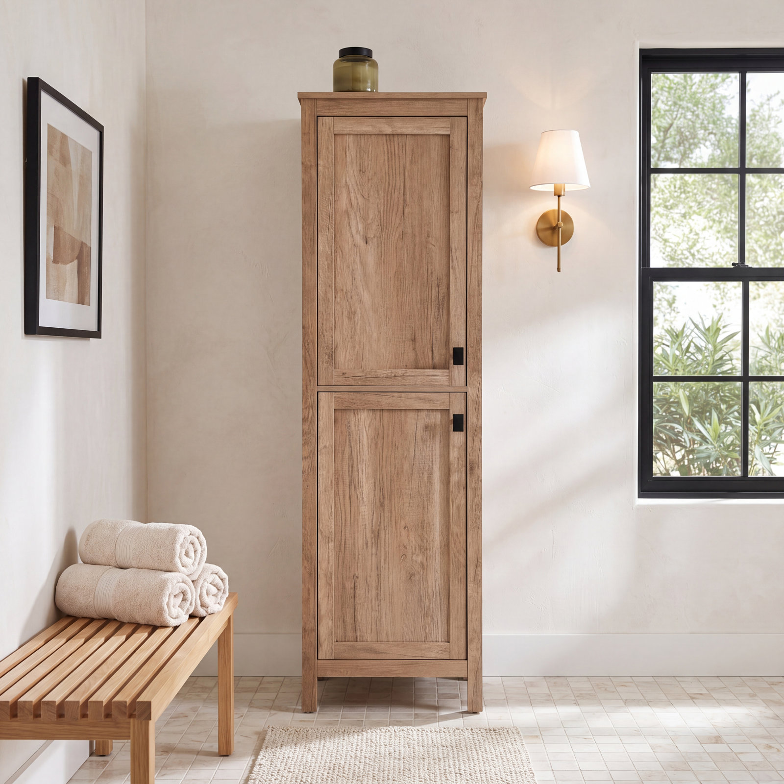 Destinymarie Linen Cabinet, Natural Oak/Matte Black, 65"H x 20"W x 22"D
