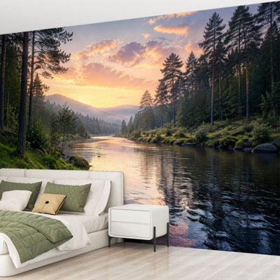 Wall Mural Peel and Stick Wallpaper Tranquil River Landscape Green Trees Reflective Water Self-Adhesive Removable Contact Paper Wall Decor for Living Room Bedroom 69"H x 96"W