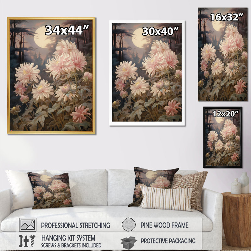 «Blooming Pastel Chrysanthemum Retro Full Moon I», reproduction sur toile, H 44 po x l 34 po x P 1,5 po, Cadre flottant blanc
