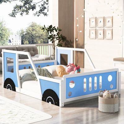Lit bleu pour voiture avec roulettes - Pin et structure Lit à thème amusant pour les fenêtres et les fenêtres, supporté par des rails à lattes. Méthode d'assemblage sans effort
