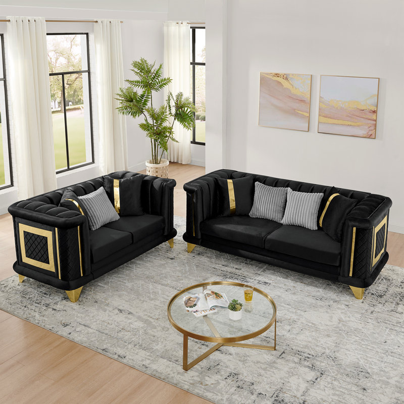 Ensemble de 2 canapés de luxe de style Mid-Century moderne avec garnitures en acier inoxydable doré et texture brodée, Noir