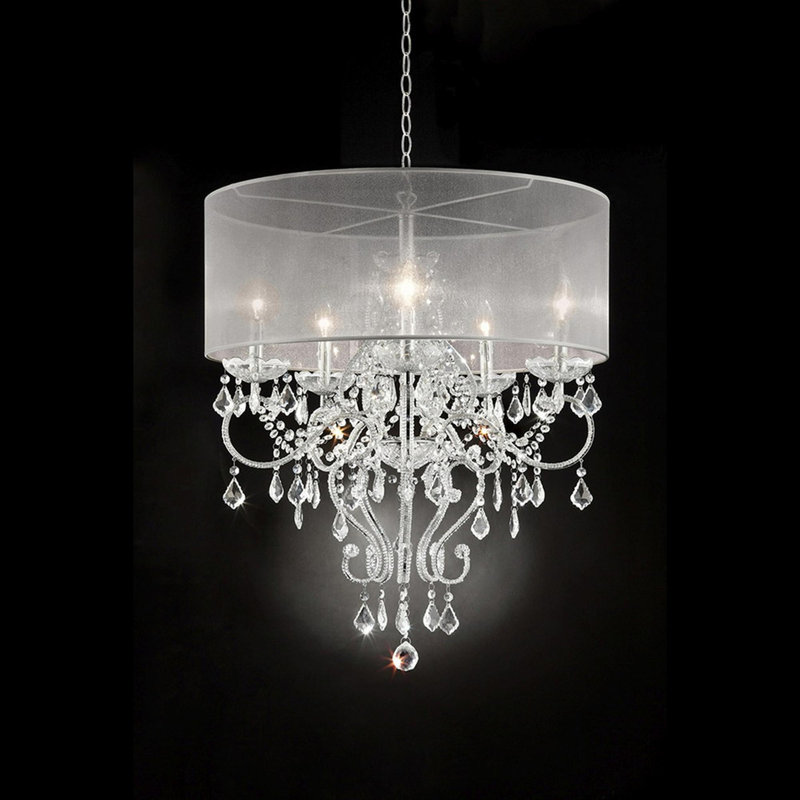 Grand plafonnier 31,5 po "Evangelia", accents argent et cristal, abat-jour transparent
