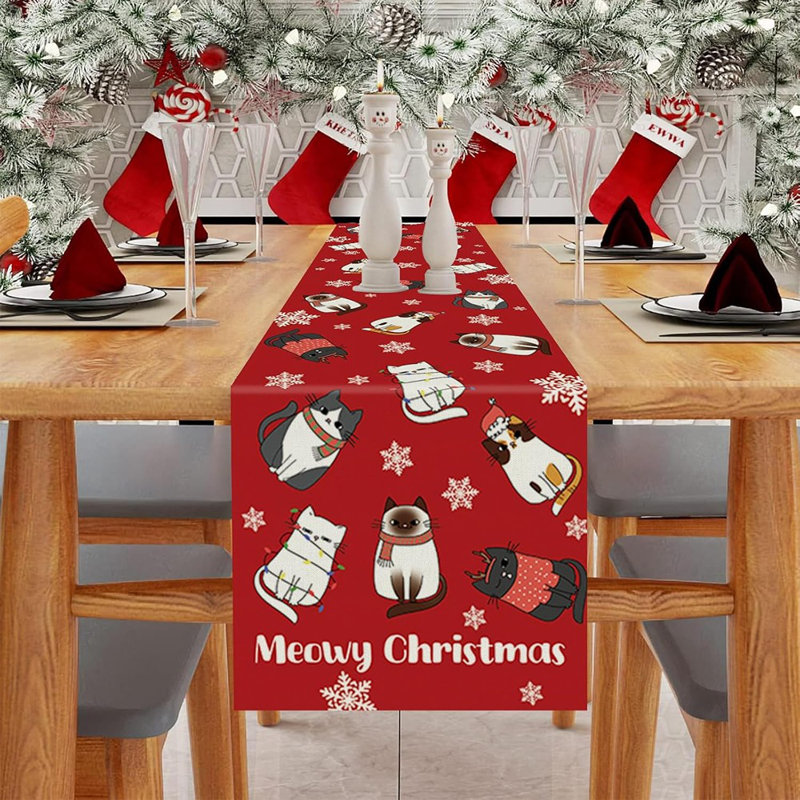 Chat chemin de table de Noël Meowy flocon de neige rouge décoration de table pour l'hiver Noël vacances cuisine salle à manger fête à la maison 13 x 72 pouces