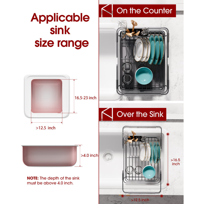 Extendable Dish Drying Rack Over Sink with Dish Drainer, Sink Organization and Storage Essentials with Silverware & Utensil Holder, Home and Apartment Decor, 12" W x 16.1~23" L, Silver